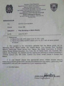 マニラ首都圏の爆弾テロ計画の警察書類