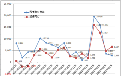日本の前年との死者数の増減や超過死亡数のグラフ2022年5月まで