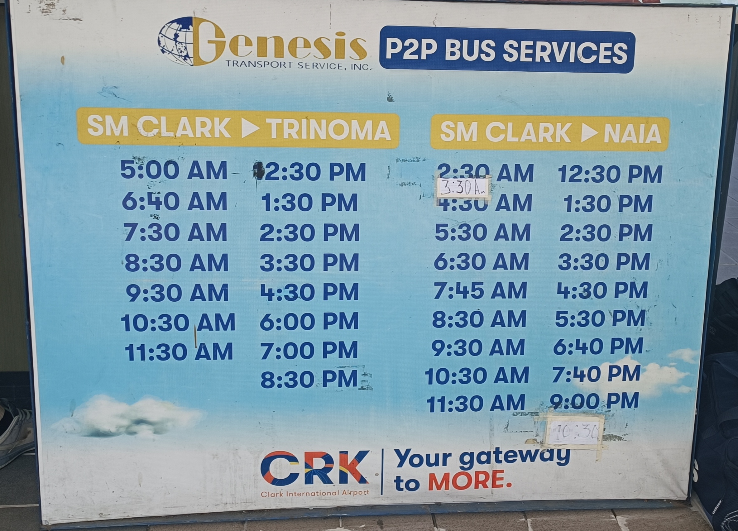 フィリピンのアンヘレスからマニラ空港行きのバスの時刻表